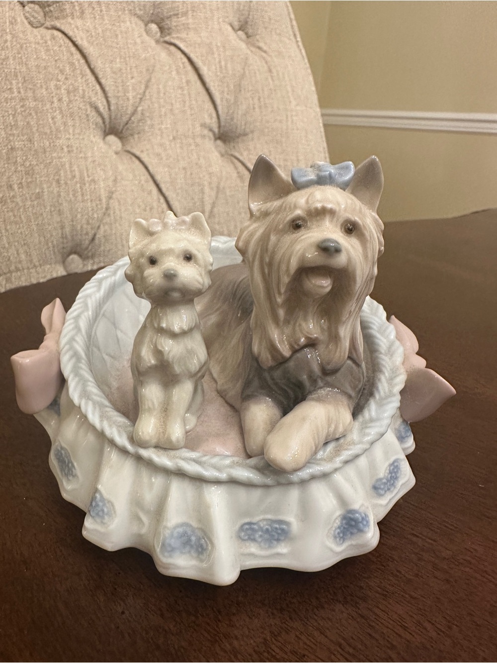 Lladró #6469 Yorkshire Terrier Dogs in Basket Porcelain Figurine Spain Retired